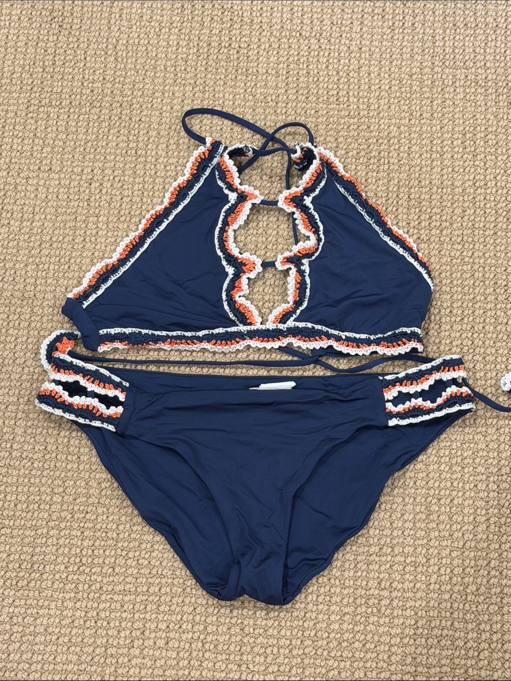 BECCA Navy Halter Bikini with White and Orange Crochet Trim